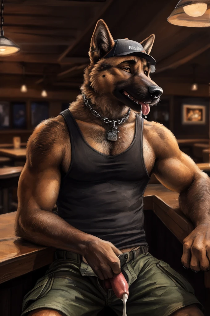 (german shepherd), (solo), male, anthro, (by Blotch, by kenket), (tail:1.3), (perfect hands), (((tired expression))), (sleepy), sleepy, (((giving head, blowjob, sucking canine penis))), (drooling, drool from maw, cum dripping from maw), (((cum on tank top))), ((bar background), inside, powerful silhouette, mysterious shadows), realistic shading, (epic, masterpiece, high quality, 8k, ultra HD, absurd res, top quality, best quality, max quality, masterpiece), ((thick fur, large build)), correct ???????:1.2, ((mature male)), manly, masculine, (hairy chest), sexy, ((cargo shorts)), belt, ((tank top)), ((snapback)), ((chain collar)), sitting at bar, hairy armpits, (one arm up), looking at viewer, drinking alcohol