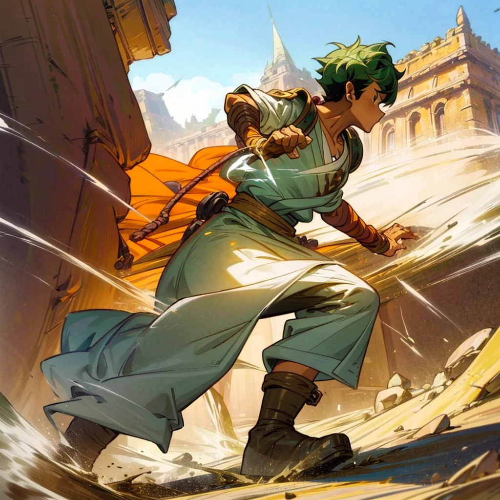 1boy, Full body version, 1character, (sand wanderer), brown eyes color, dark skin, (Curly cut hairstyle), small eyes type, green colour hair, doctor ancient roman clothing style, white color clothing, dark green robe, Ancient roman boots, armor vest, sands in two hand, Grassroots background in desert, (battle, battle gesture, battle poses, view character on small, He a sand wanderer, he controls sand with his hands, he fights enemies with sand, enemies, bandits, Fighting, intense battles, fighting in desert, Dynamic Pose, Motion Blur, emphasis lines, sparks, plasma, aura)