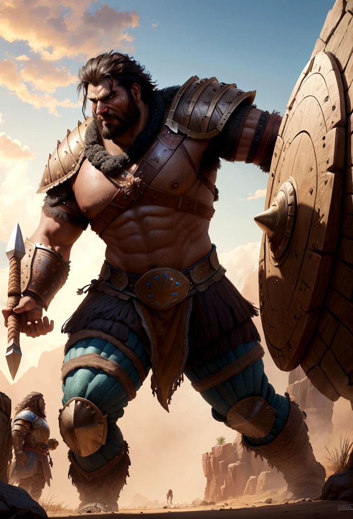 creates an image of a giant warrior, in 8k, pixar style, in high quality, with a large shield and a spear