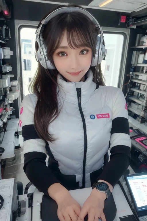 masterpiece, Highest quality, Very detailed, 8K Portrait,Japanese Android Girl,plump , Control panel,Robotic arms and legs, Blunt bangs,,break (Metallic Gray, Metallic luster, Mirror finish, Astro Best):5,headphone:5,break (Black sleeves):100,Smart Watches,Futuristic space station,Control Room,break headphone,blue eyes,(Black Hair):2,(Long Hair):1.3,Displaying the viewer,(respirator),break blush:3,Hidden Hand,smile