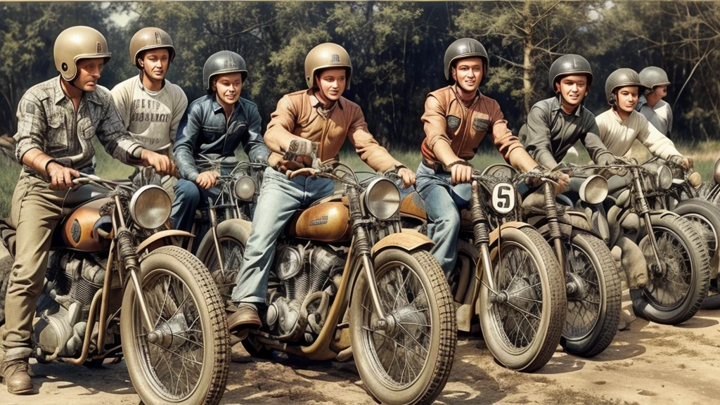 1940's era motor cycle racing, leather motor cycle helmets, checkered flag, dirt track, early harley davidson motorcycles,