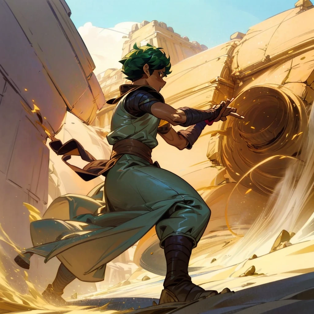 1boy, Full body version, 1character, (sand wanderer), brown eyes color, dark skin, Curly cut hairstyle, small eyes type, green colour hair, doctor ancient roman clothing style, white color clothing, dark green robe, Ancient roman boots, armor vest, sands in two hand, Grassroots background in desert, (battle, battle gesture, battle poses, view character on small, He a sand wanderer, he controls sand with his hands, he fights enemies with sand, enemies, bandits, Fighting, intense battles, fighting in desert, Dynamic Pose, Motion Blur, emphasis lines, sparks, plasma, aura)