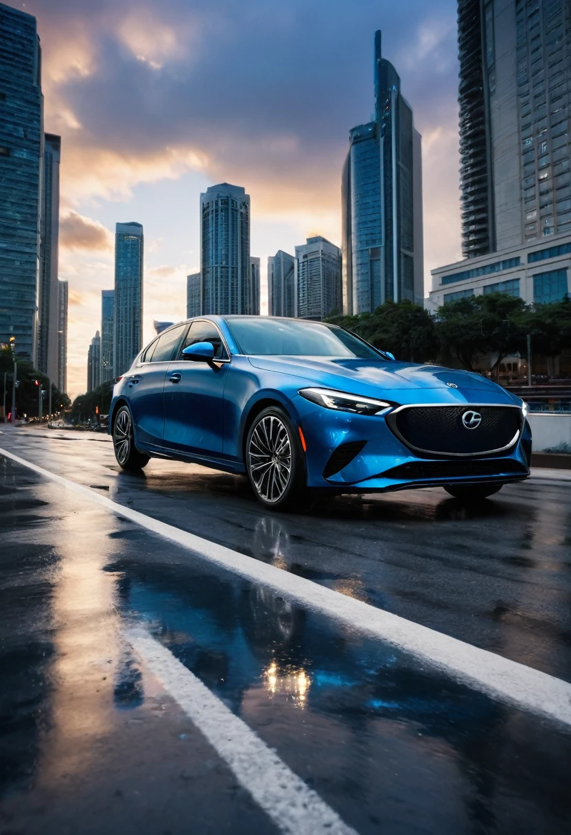 An image with a modern urban background, featuring a cloudy sky and distant tall buildings, suggesting an urban environment at dusk. In the center of the scene, a metallic blue car is at a road the camera has a low angle regard the car focusing at the car front