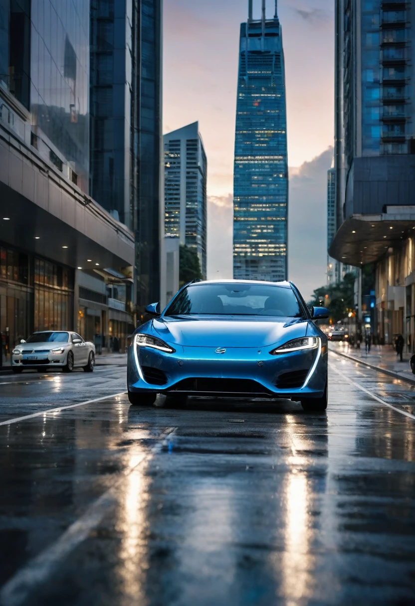 An image with a modern urban background, featuring a cloudy sky and distant tall buildings, suggesting an urban environment at dusk. In the center of the scene, a metallic blue car is at a road the camera has a low angle regard the car focusing at the car front