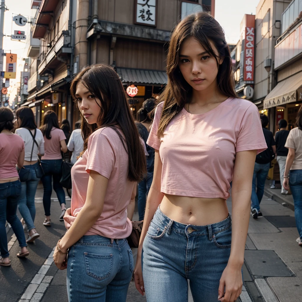 Female supermodel. Pink t-shirt and jeans. Dim, soft lighting. Sunset. Sugamo Jizodori Shopping Street, Tokyo, Japan. Sunset.