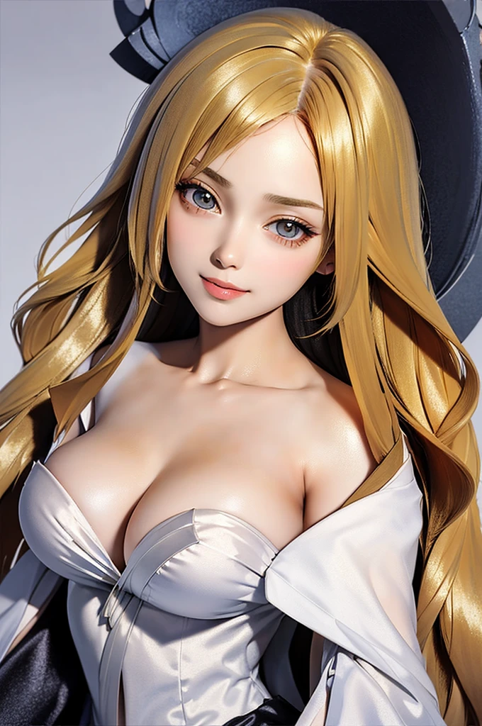 18 year old beautiful girl, big eyes, large breasts,  and slender, 8K, top quality, (very detailed head: 1.0), (very detailed face: 1.0), (very detailed hair: 1.0), maid clothes, very detailed official artwork, anime moe art style, clean detailed anime art, smile, golden hair, smooth long hair