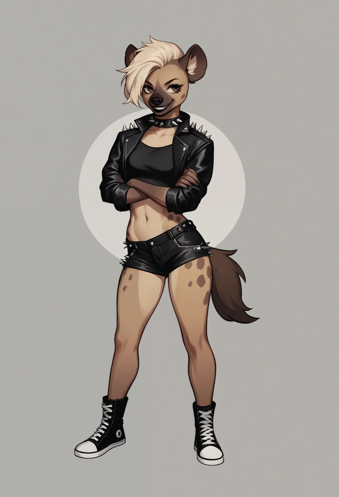 Solo, score_9,score_8_up,score_7_up, source_furry, a tall female spotted hyena, brown snout, black nose, brown eyes, short spiked undercut platinum blonde hair, black lips, hyena tail, brown hyena ears, wearing black leather jacket, black crop top, black short shorts, black and white converse shoes, arms crossed, spiked collar, soft smile, abstract grey background, standing