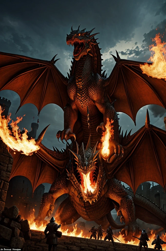 A medieval castle surrounded by a large 3-headed dragon that spits fire from its mouth where there are many men soldiers with medieval armor 