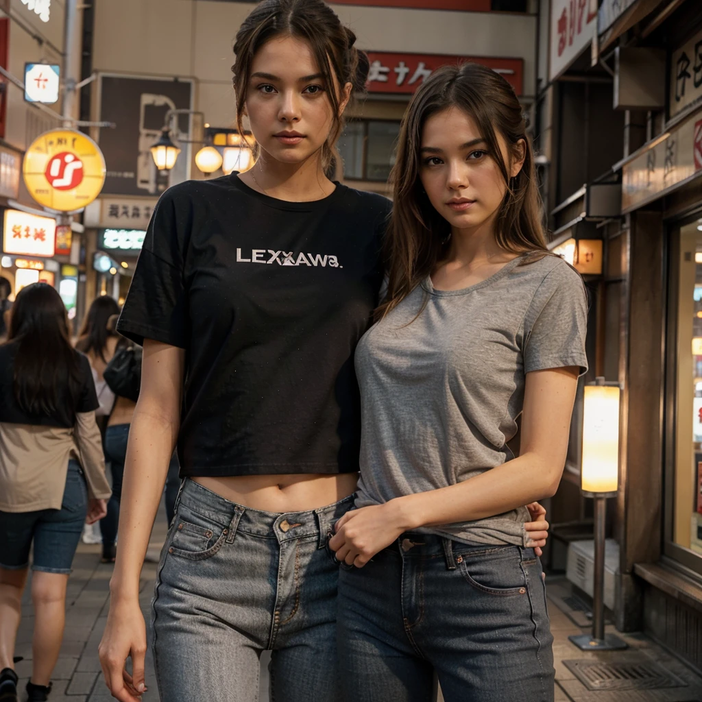 Female supermodel. Gray t-shirt and jeans. Dim, soft lighting. Sunset. Sugamo Jizodori Shopping Street, Tokyo, Japan. Sunset.