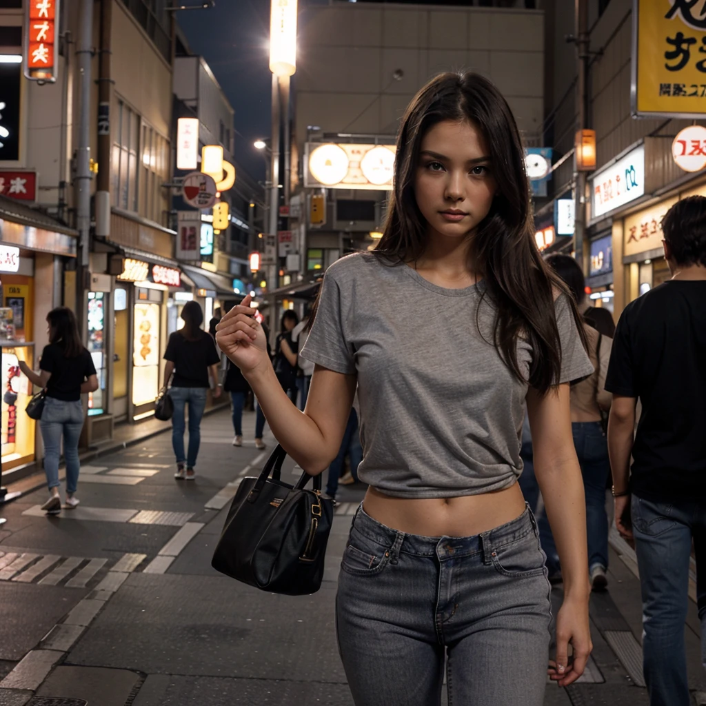 Female supermodel. Gray t-shirt and jeans. Dim, soft lighting. Sunset. Sugamo Jizodori Shopping Street, Tokyo, Japan. Sunset.