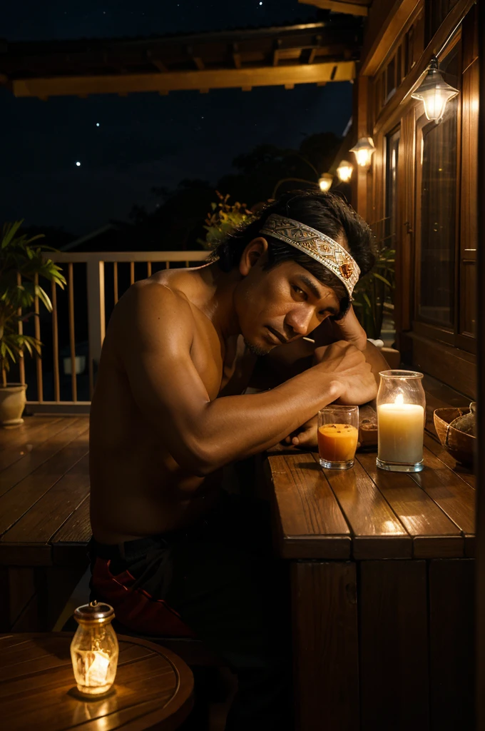 Caricature of a 40 year old Indonesian man sitting on the terrace of the house with a sad face facing forward with his hands holding his head, bright night atmosphere, headdress with the brilliance of starlight, real picture