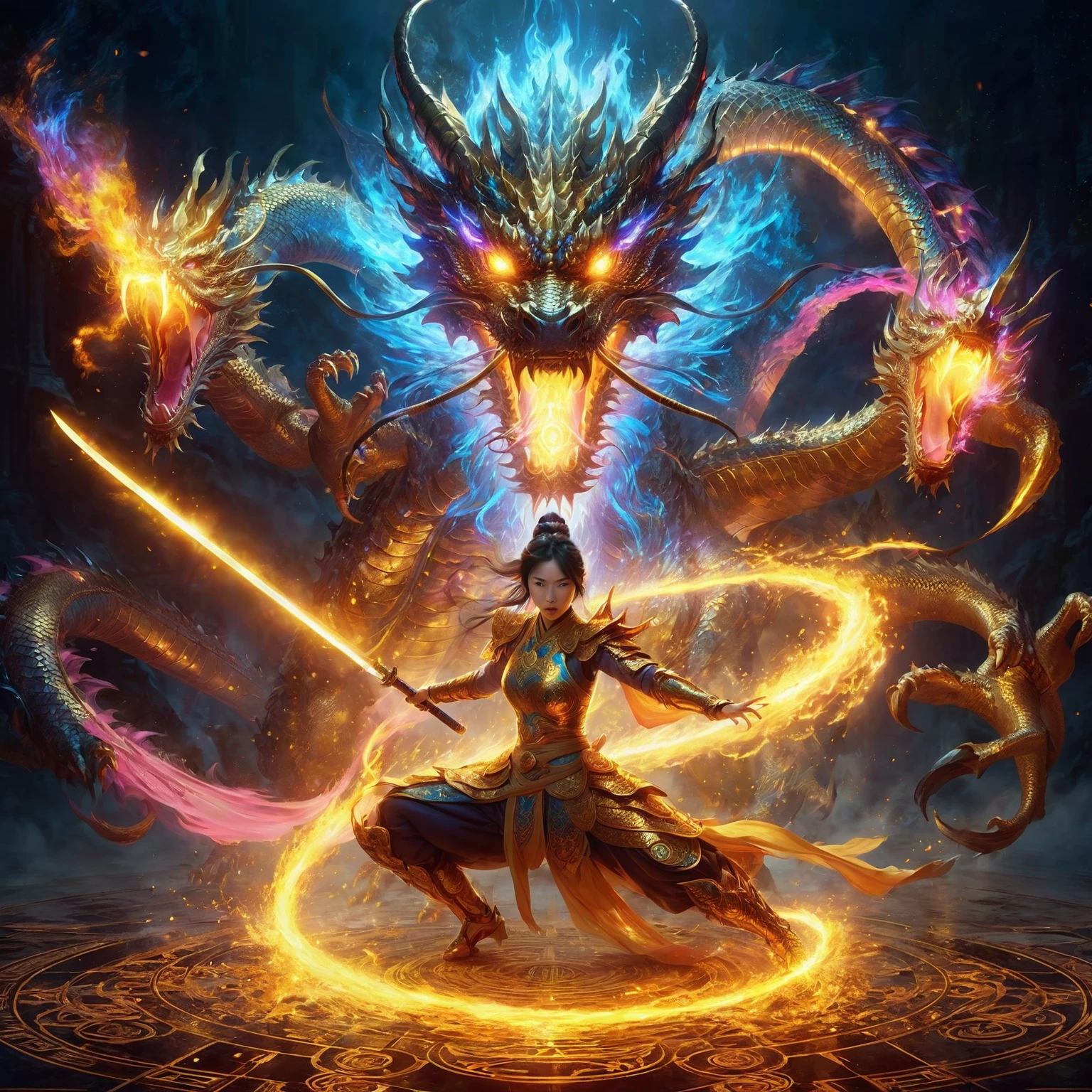 an Asian female warrior in a glowing gold costumes holding a glowing sword and a Giant Ferocious Dragon with a dark aura around her, bursts of gold blue pink fire from the dragon's mouth, bright face light, facing at the camera, fiery light coiled around his body, aggressively twirling with her claws creating gusts of wind and explosions of aura, torn clothes flying in a circle, wearing cybernetic enhancements, her is overing above occult symbols underneath on the ground with