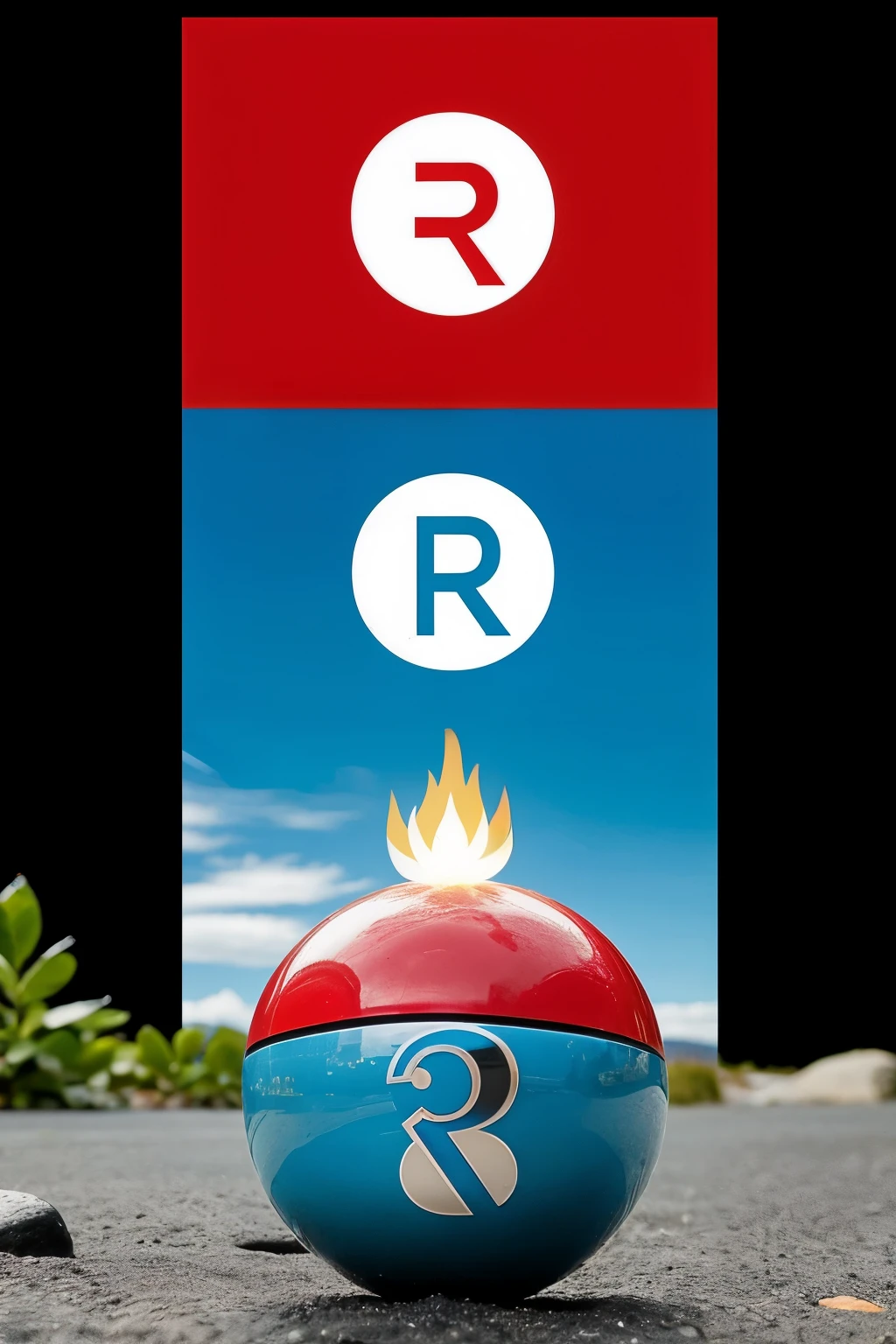 A single round pokeball (in the middle and the pokemon one, it does not have to be combined with the elements, It has to have the letter R in the middle )
In the background the 3 elements water fire plant must appear
(The 3 elements have to be separated )