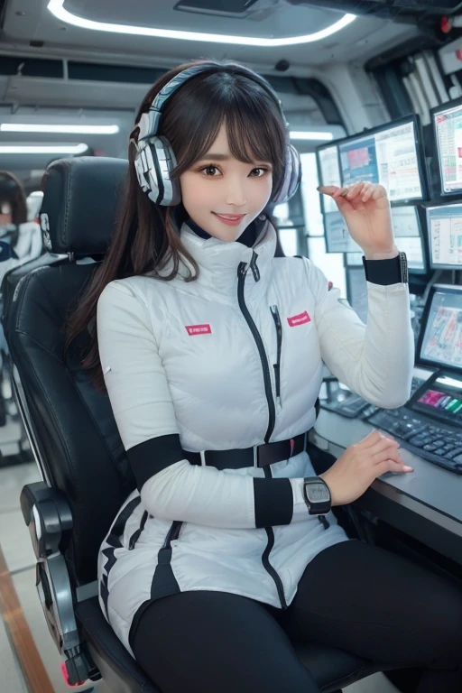 masterpiece, Highest quality, Very detailed, 8K Portrait,Japanese Android Girl,plump , Control panel,Robotic arms and legs, Blunt bangs,,break (Metallic Gray, Metallic luster, Mirror finish, Astro Best):5,headphone:5,break (Black sleeves):100,Smart Watches,Futuristic space station,Control Room,break headphone,blue eyes,(Black Hair):2,(Long Hair):1.3,Displaying the viewer,(respirator),break blush:3,Hidden Hand,smile