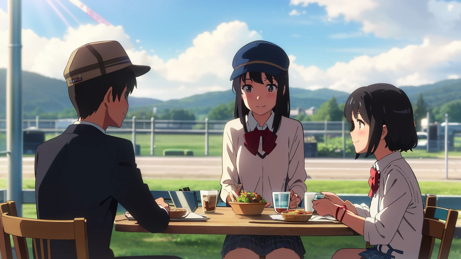 shinkai makoto, Kimi No Na Wa., One girl, bangs, Black Hair, blush, Bright Eyes, Brown eyes, Red headband, Red Bow, Red ribbon, short hair, smile, cute, beautiful, Shiny skin, Perfect body, Perfect hands, View your viewers, sweater, shirt, Flat Cap, skirt, plaid skirt, Day, null, blue null, cloudy, Day光, Outdoor, Summer festival, amusement park, Dynamic Light, restaurant, remainder, Cafe, coffee, table, Chair, Sitting