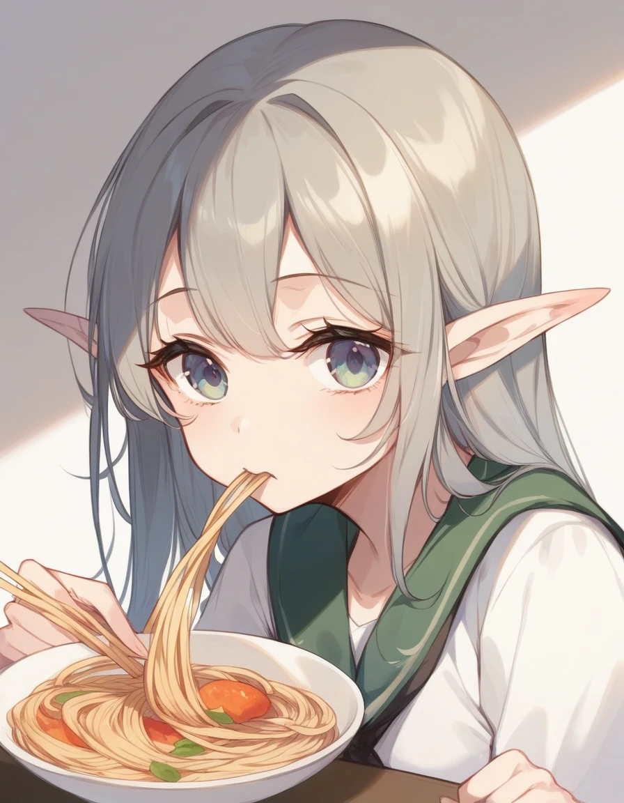 BREAK Perfect ???????、(High resolution:1.2)、Incredible illustrations、(Cute illustrations:1.2)、（Beautiful background） elf　(blowing noodles out of her mouth)