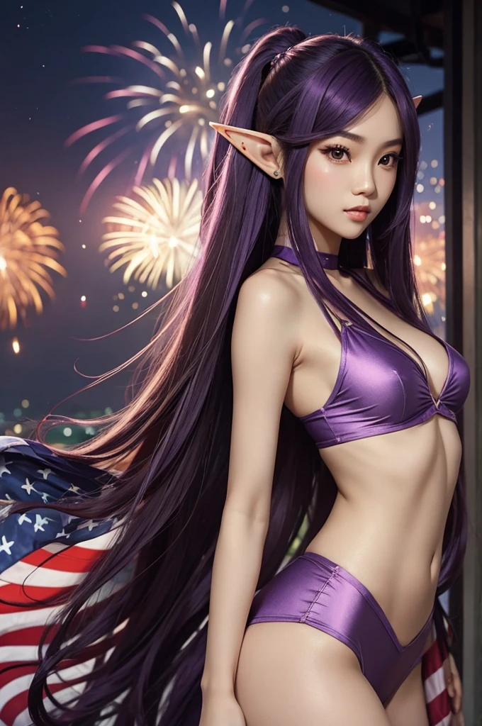 Long Purple hair, Vietnamese, beautiful 23 year old woman, very attractive, brown eyes, elf ears, very cute, thin athletic body, wearing modest American flag theme outfit watching fireworks