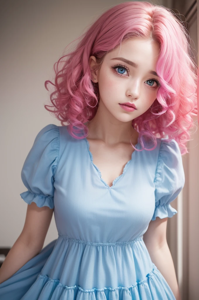 She has curly hair with pink and blue at the end, her eyes are blue and pink and she has a tired look, pinkish lipstick and a pink dress