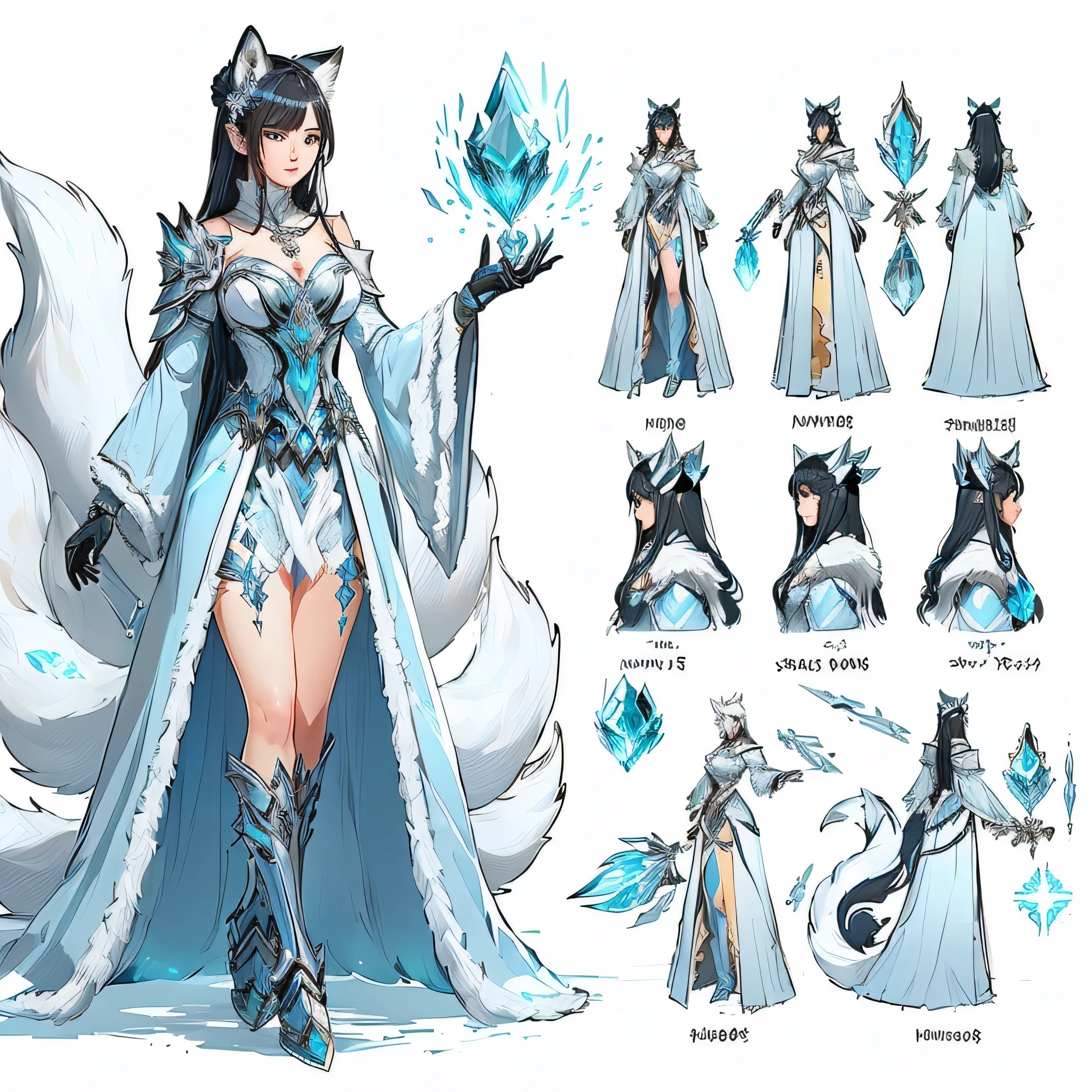 a close up of a drawing of a woman in a white dress, ice sorceress, spirit fantasy concept art, detailed full body concept art, shadowverse character concept, kitsune inspired armor, fantasy character design, beautiful full body concept art, ice crystal armor, character concept reference art, arcane concept art, colored concept art, detailed character design, character design art.a woman with long tied black hair, wearing a light blue dress, a furry robe with a fox tail and iron armor, a symbol pendant necklace, is controlling ice crystals along with her skill movements, human mode and white fox mode, carrying an ice claw weapon, front and back pose, dynamic pose, design a queen, full body, make a concept sketch of a cartoon character. The background is a riverside forest