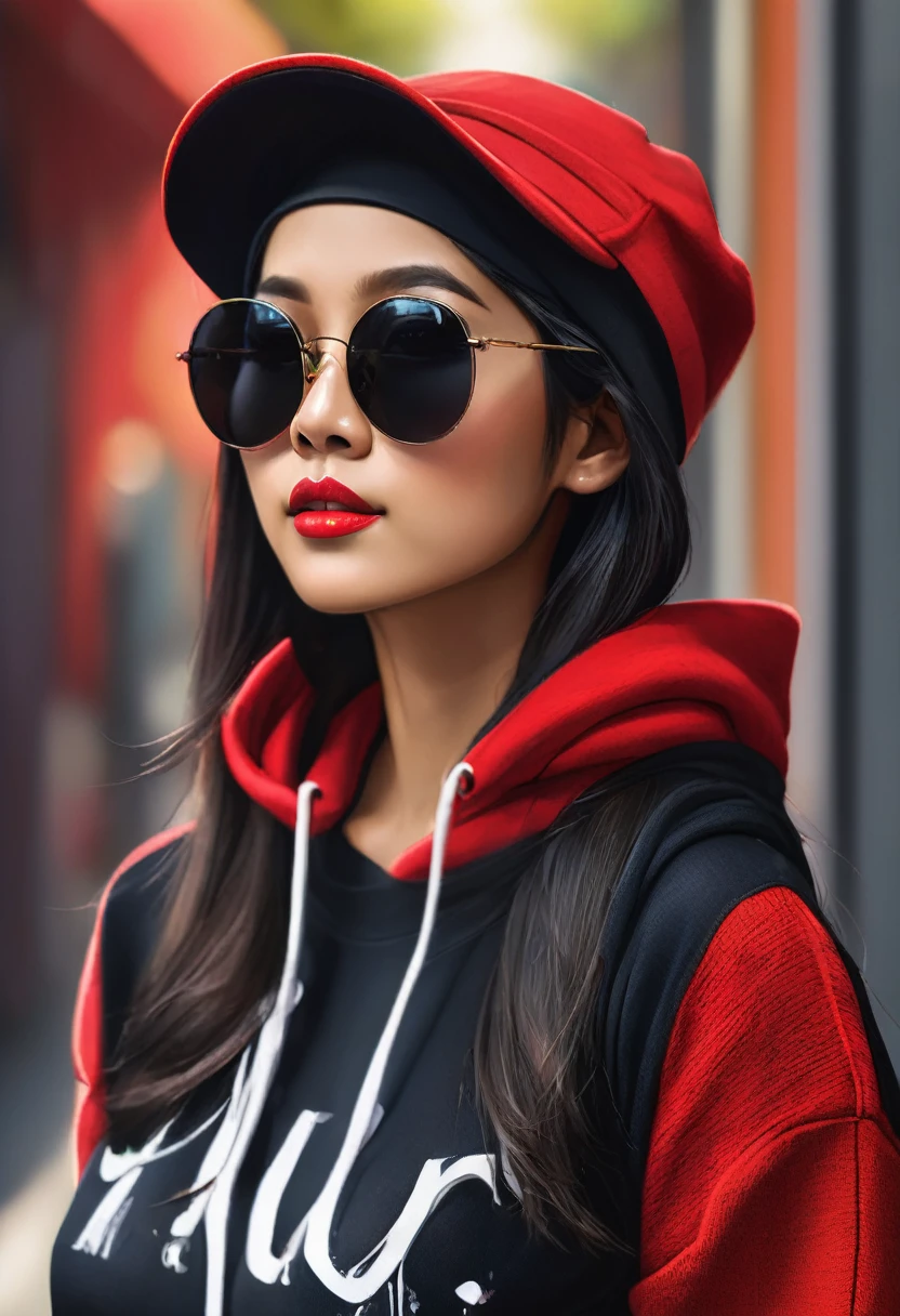 Beautiful Indonesian woman ,wear sunglasses ,wearing a black JNR hat,wearing a red sweater and his hoodie on his head looking up and to the side hyperrealistic UHD 24