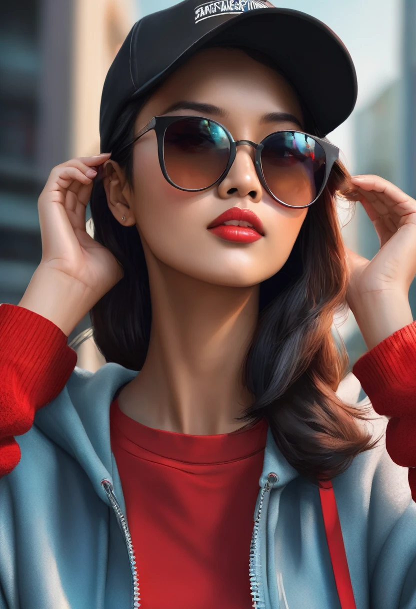 Beautiful Indonesian woman ,wear sunglasses ,wearing a black JNR hat,wearing a red sweater and his hoodie on his head looking up and to the side hyperrealistic UHD 24