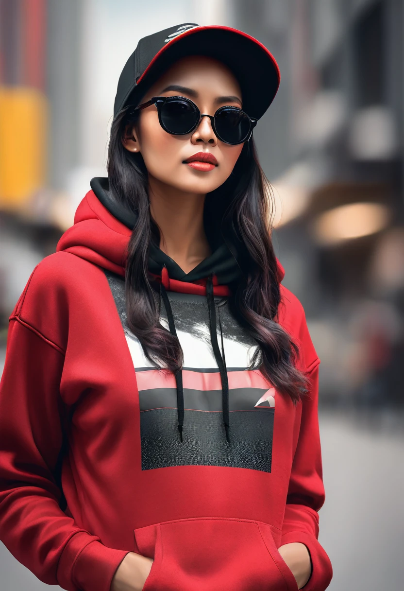 Beautiful Indonesian woman ,wear sunglasses ,wearing a black JNR hat,wearing a red sweater and his hoodie on his head looking up and to the side hyperrealistic UHD 24