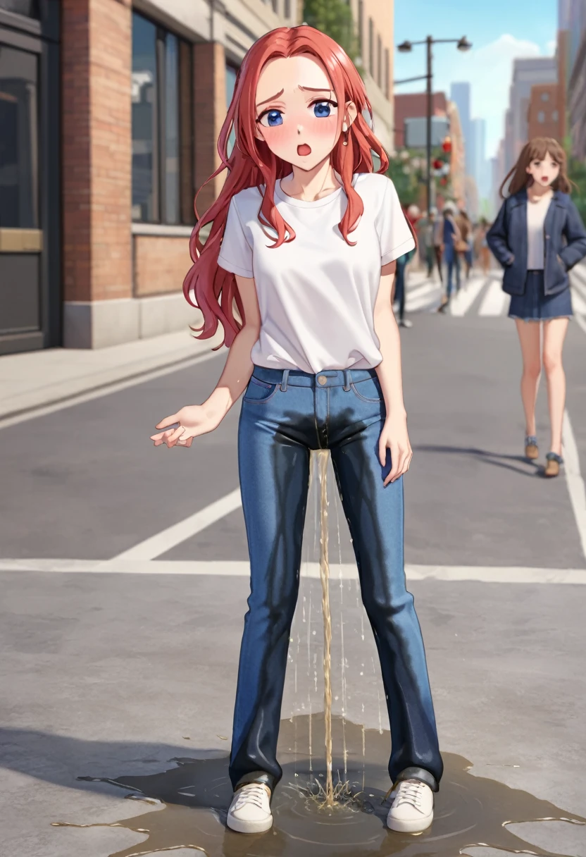 ((best quality, masterpiece:1.3, 8K)), (detailed), highly detailed face and skin texture, detailed eyes, downtown, full body, slender body, 2girls, 25 years old, white skin, bright lips, scared, worried, embarrassed, panicking, long hair, (forehead:1.0), jeans pants, flares jeans, blue jeans, peeing jeans, peeing pants, pee stain, (wetting herself:1.5), desperation:1.5,