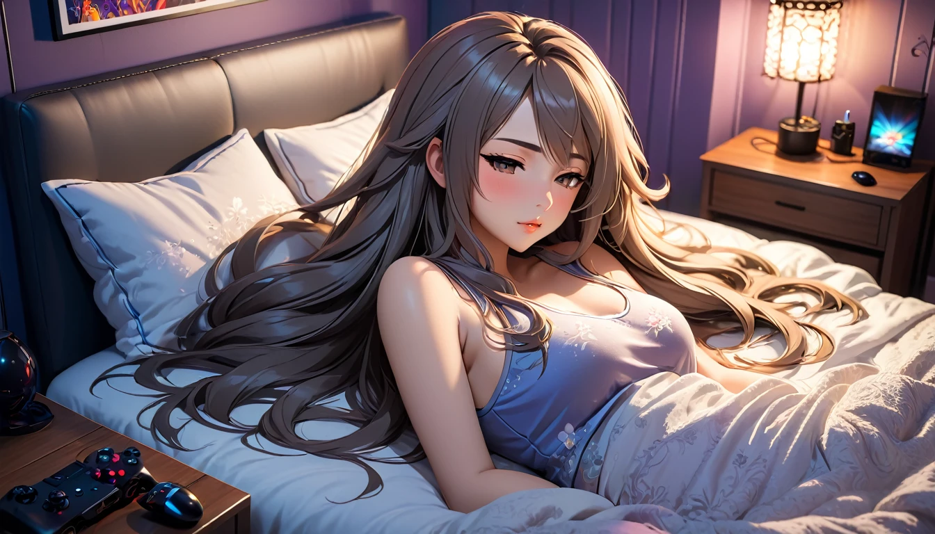 Create a high-quality, detailed image of a beautiful anime girl with long, flowing hair and intricate details. She is peacefully asleep on her bed in her cozy gaming room. She has extremely detailed eyes, beautiful lips, and long eyelashes. She wears a snug tank top that barely conceals her nipples and panties, highlighting her stunning curves. The warm, inviting scene includes soft ambient lighting, comfortable seating, and plush bedding, with the room illuminated by a small, glowing lamp. The gaming room features posters, a high-end PC setup with RGB lighting, and various gaming accessories. The overall atmosphere is serene and intimate, with vibrant colors and natural lighting creating a photorealistic effect.