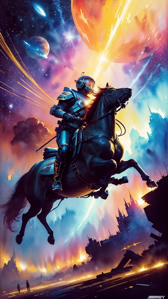 (masterpiece, top quality, Best quality, extremely detailed, as detailed as possible, Official art, beautiful and aesthetically pleasing:1.2), Colorful, Beautiful face, One, perfect body, 1 girl, in space, short red hair, ponytail (hairstyle), green eyes, a space ship, Green space suit, Sun rays, in room, (wires and cables:1.1), (Science fiction:1.2), porthole, illuminator, stars,Fantasy, high contrast, Чернильные Strokes, Explosions, overexposure, Impression of purple and red tones , abstract, ((watercolor painting by John Berkey and Jeremy Mann )) Strokes, negative space,