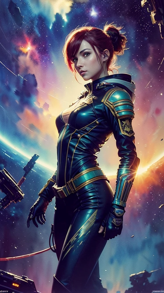 (masterpiece, top quality, Best quality, extremely detailed, as detailed as possible, Official art, beautiful and aesthetically pleasing:1.2), Colorful, Beautiful face, One, perfect body, 1 girl, in space, short red hair, ponytail (hairstyle), green eyes, a space ship, Green space suit, Sun rays, in room, (wires and cables:1.1), (Science fiction:1.2), porthole, illuminator, stars,Fantasy, high contrast, Чернильные Strokes, Explosions, overexposure, Impression of purple and red tones , abstract, ((watercolor painting by John Berkey and Jeremy Mann )) Strokes, negative space,