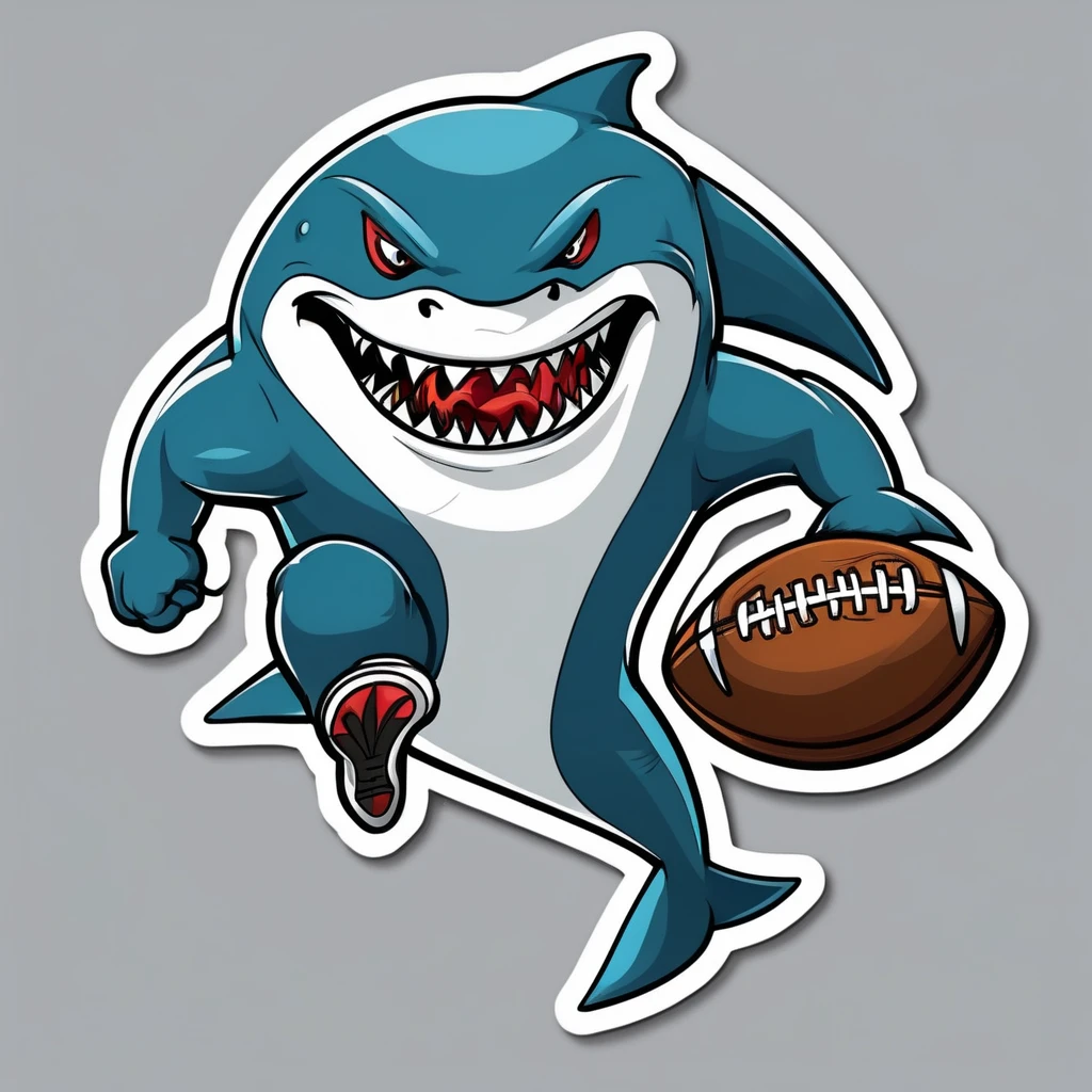 Shark football player sticker character angry and jumping with ball