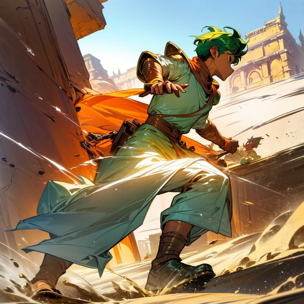 1boy, Full body version, 1character, (sand wanderer), brown eyes color, dark skin, (Curly cut hairstyle), small eyes type, green colour hair, doctor ancient roman clothing style, white color clothing, dark green robe, Ancient roman boots, armor vest, sands in two hand, Grassroots background in desert, (battle, battle gesture, battle poses, view character on small, He a sand wanderer, he controls sand with his hands, he fights enemies with sand, enemies, bandits, Fighting, intense battles, fighting in desert, Dynamic Pose, Motion Blur, emphasis lines, sparks, plasma, aura)