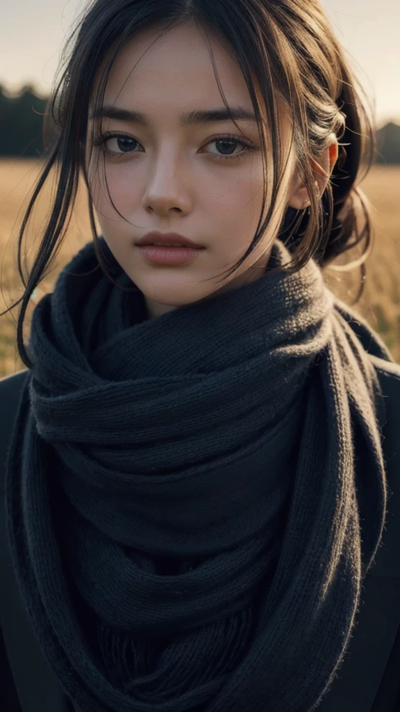 8k, best quality, masterpiece, realistic, ultra detail, photo realistic, Increase quality, 
a photo of a girl standing in a field with a scarf, in the style of dark and brooding designer, voluminous mass, photobash, serene faces, jagged edges, navy, natural beauty, close-up shot
