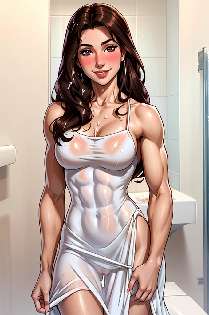 attractive arabian woman, ripped muscle, muscular body, pale skin, smile(blush), sundress, sixpack abs, [ultra detailed skin:1.2], dark brown hair, long breezy hair, 8k uhd, pussy, stand, bathroom, soaked with cum,