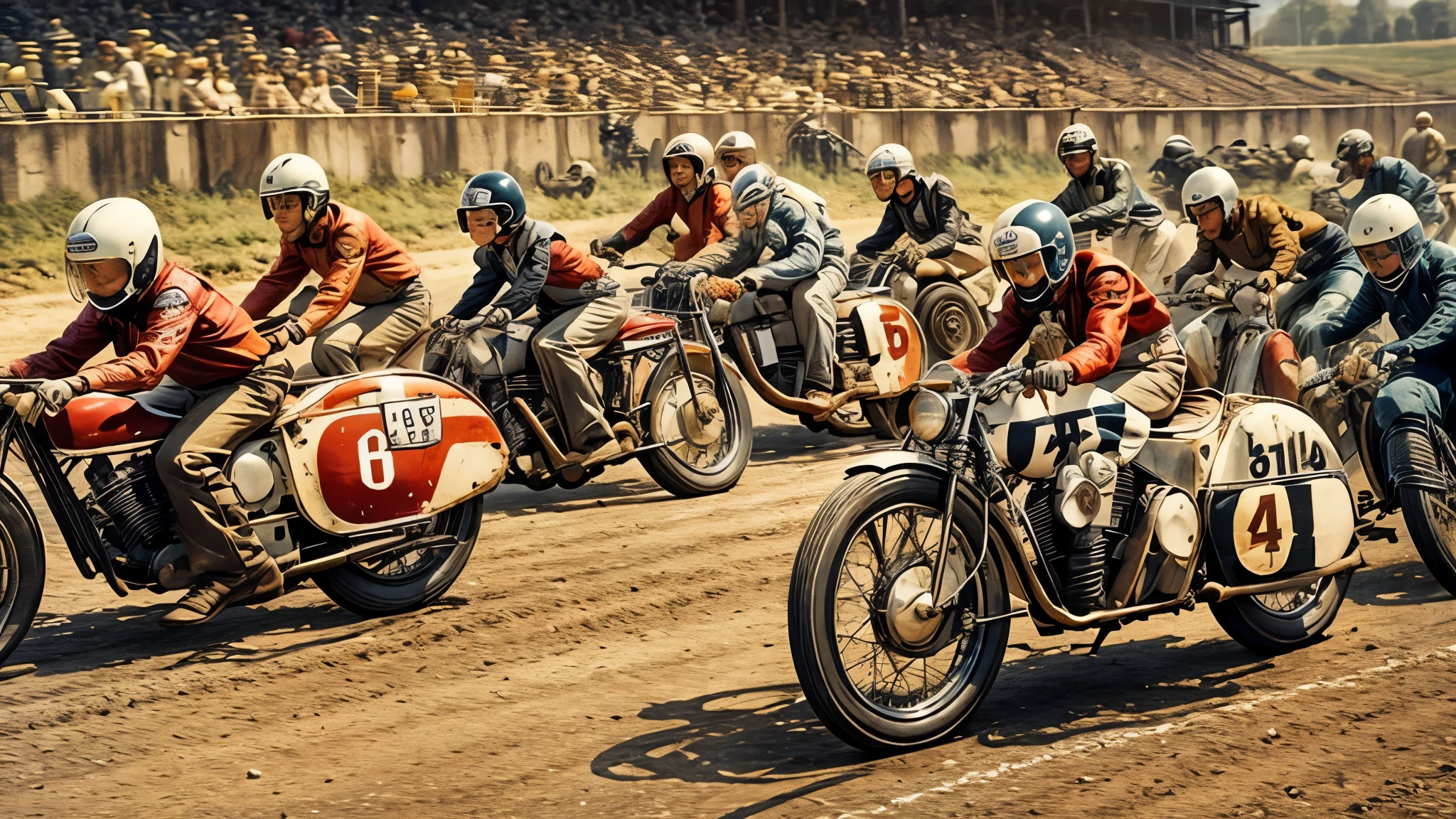 1940's era motor cycle racing, leather motor cycle helmets,  checkered flag, dirt track, early harley davidson motorcycles, 