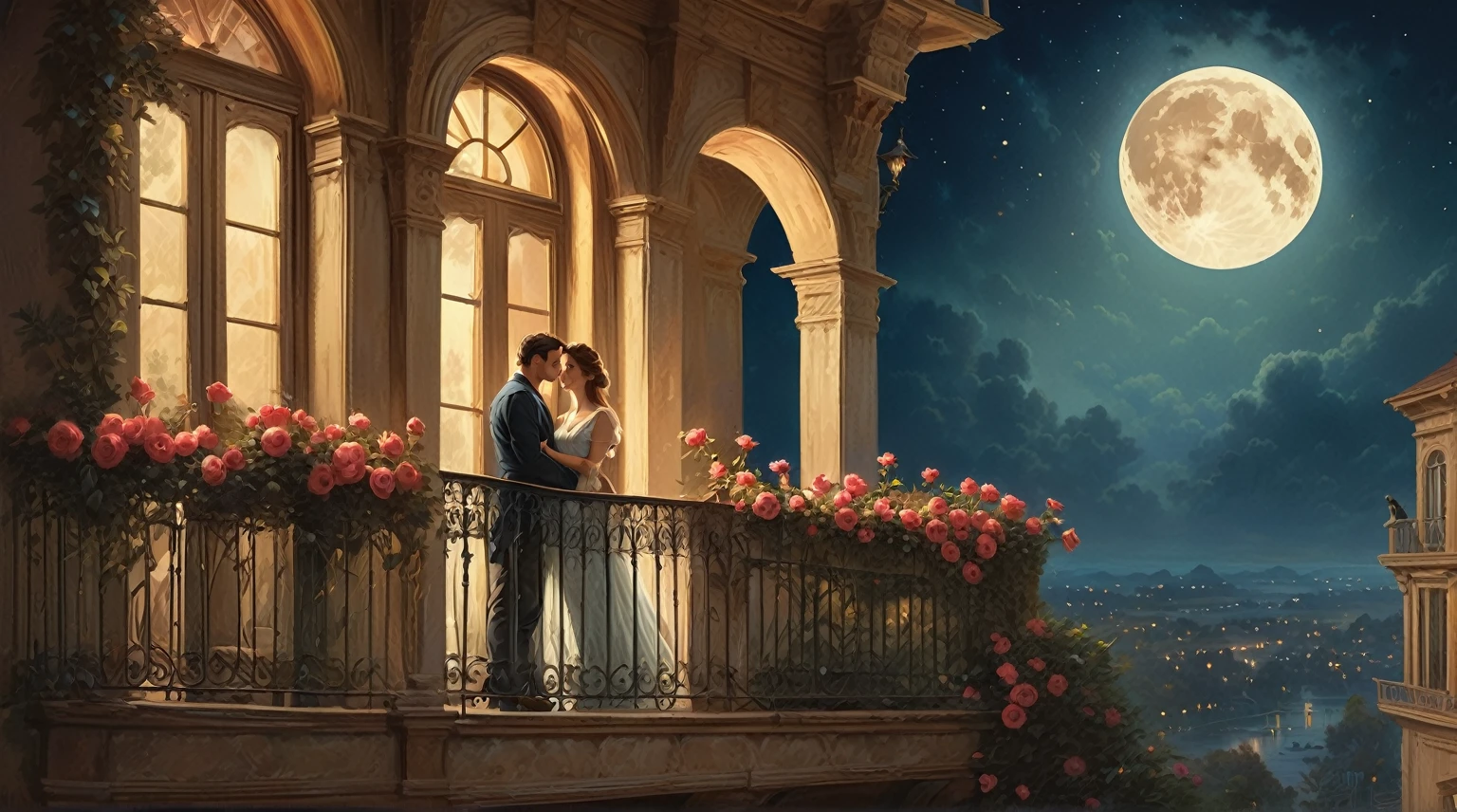 painting of a couple standing on a balcony looking at the moon, romantic painting, romantic era painting, rhads and thomas kinkade, romanticism painting, romanticism art style, elegant digital painting, style of tim hildebrandt, beautiful art uhd 4 k, tomas kinkade, romance novel cover, greg hildebrandt highly detailed, inspired by Evgeny Lushpin