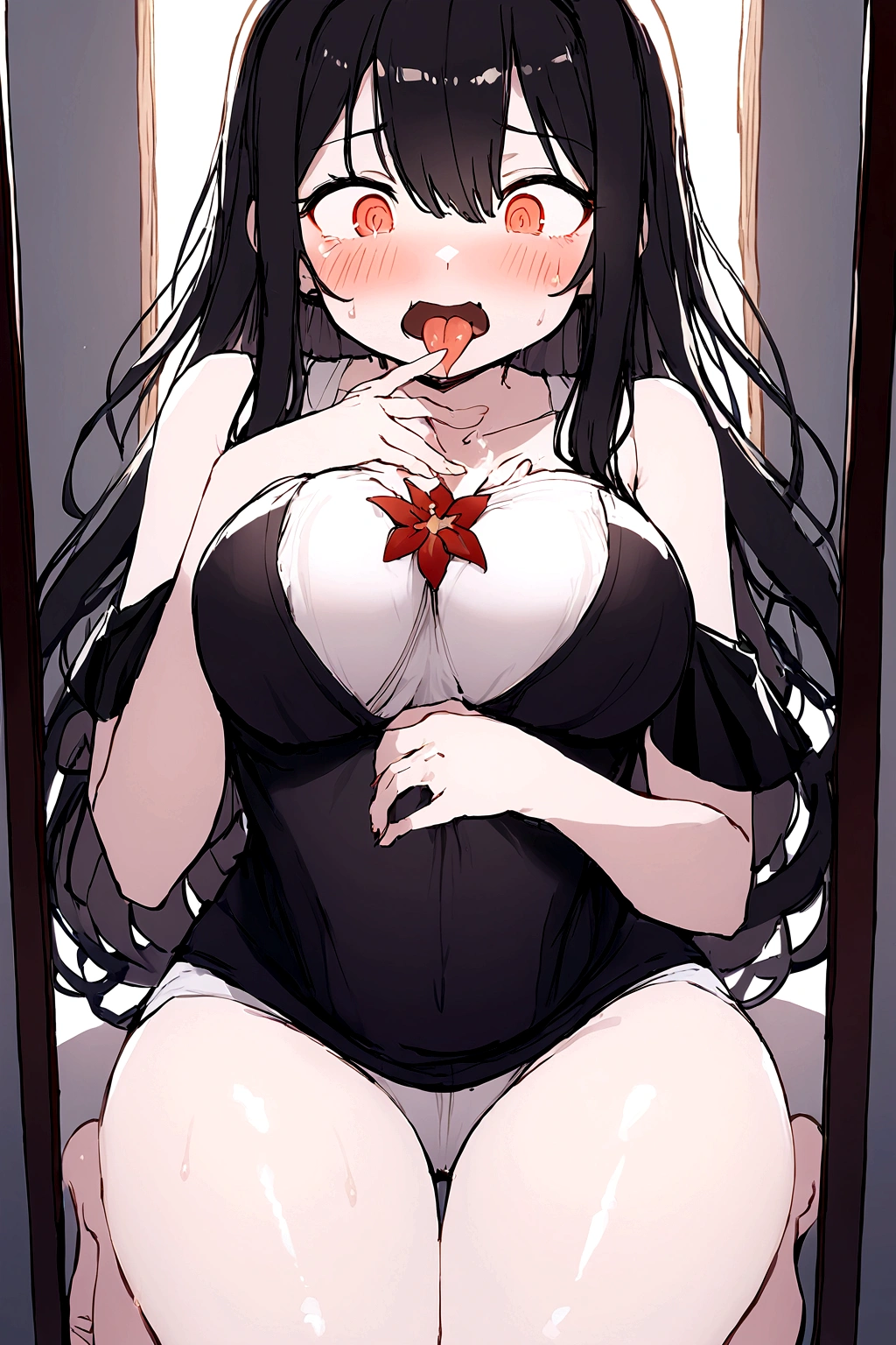 Young women,Black long hair,big eyes,Beautiful face,Wearing a black loose T-shirt,Having male genitalia,The hem of the T-shirt covers part of the lower body,Male genitals push up the shirt,Kneel in front of the mirror,Hands grasp the chest,Breast deformation,Fingers sink into breasts,Expression of surprise and confusion,Stick out your tongue,White fluid leaking from chest,Red cheeks,Slight sweating。