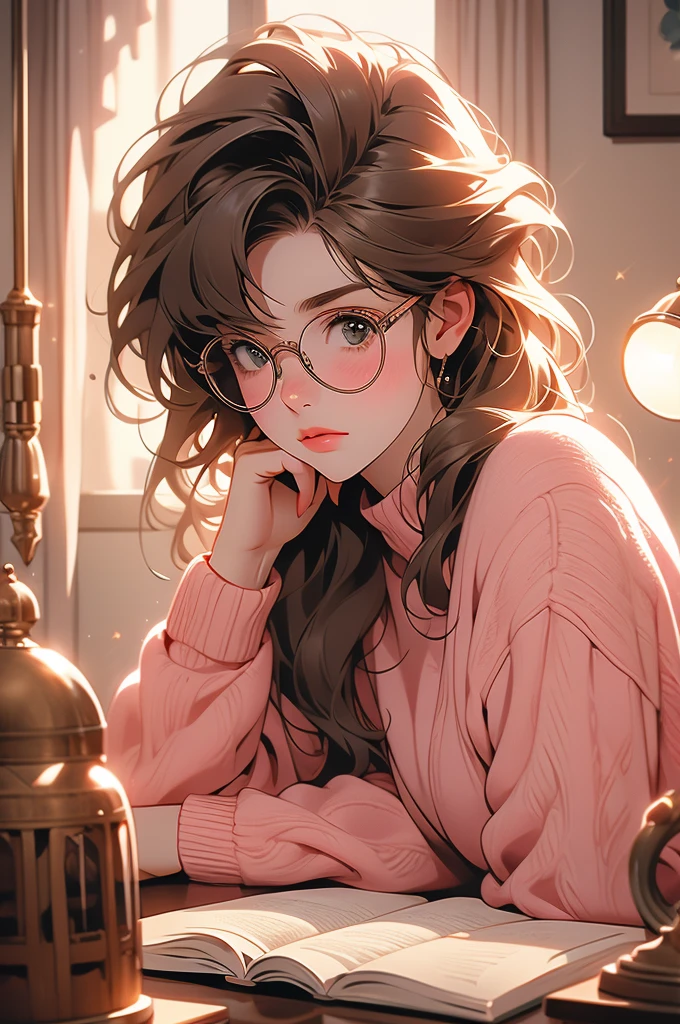 1girl, fluffy brown hair, big round glasses, writing, thoughtfull, freckles, biting tongue, lamp light, sitting behind a table, pink sweater