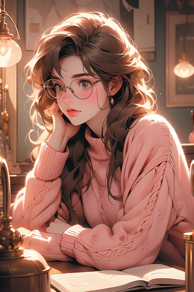 1girl, fluffy brown hair, big round glasses, writing, thoughtfull, freckles, biting tongue, lamp light, sitting behind a table, pink sweater