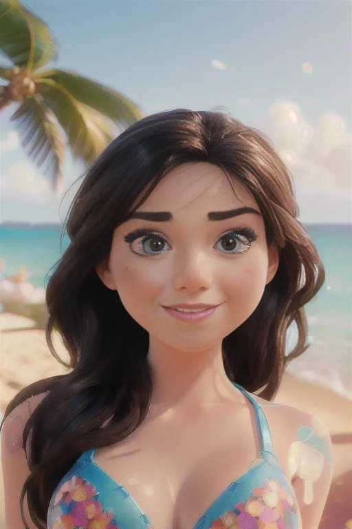 a close-up of a woman in a bikini top on the beach, disney photorealistic, realistic art style, great digital art with details, beautiful digital art, realistic disney photo, cartoon digital painting, cute detailed digital art, rossdraws global illumination, realistic art style, artegerm ; Motor irreal 3d, photorealistic art style, close-up character portrait