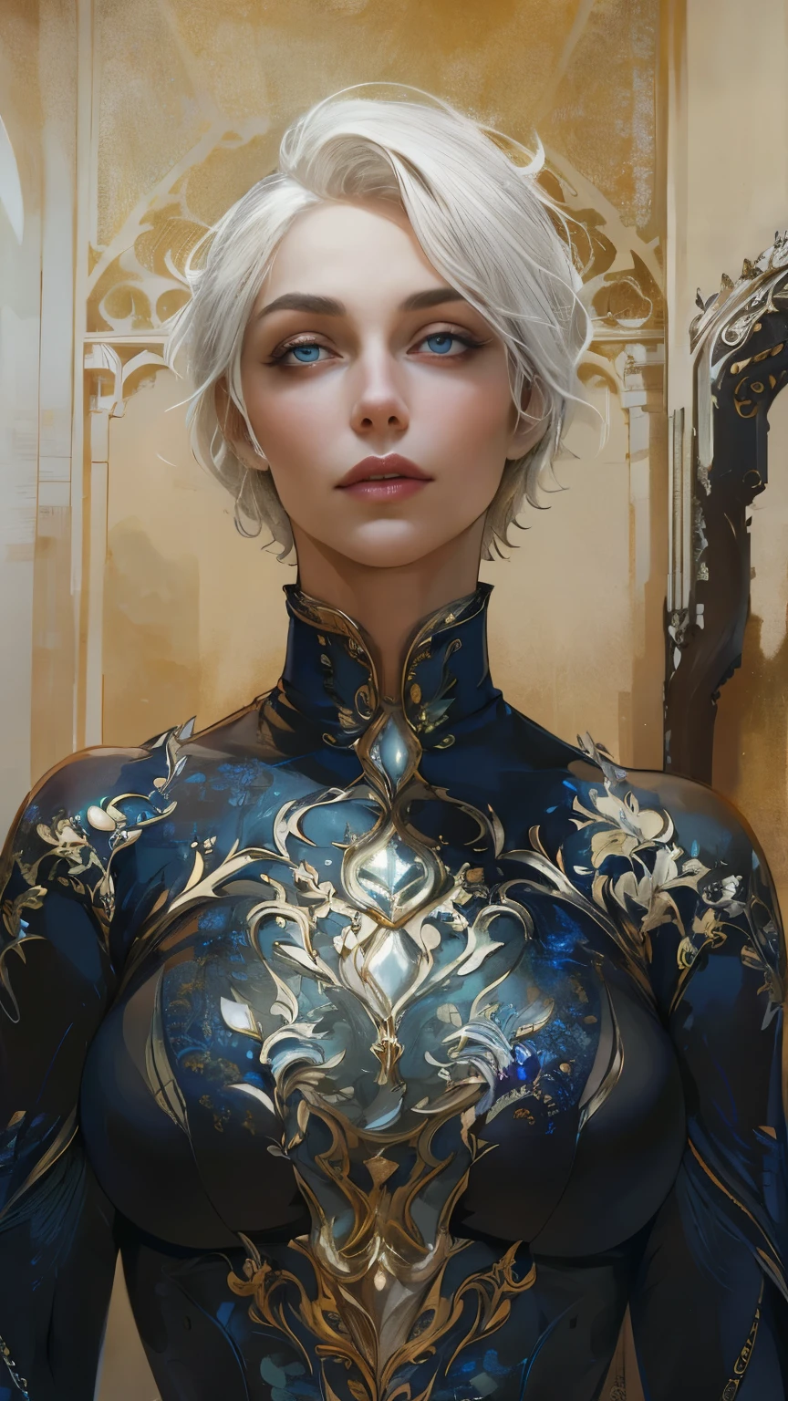 Princess Targaryen, looks like Lauren Jerman, graceful, short white hair, in a tight shirt, trousers that hug magnificent hips, expressive breasts, beautiful indigo eyes, delicate face, waist-high, hd