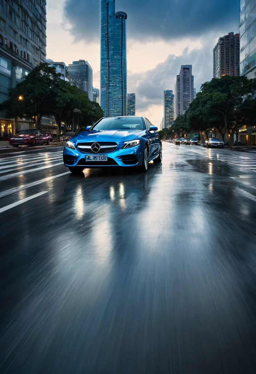 An image with a modern urban background, featuring a cloudy sky and distant tall buildings, suggesting an urban environment at dusk. In the center of the scene, a metallic blue car is at a road the camera has a low angle regard the car focusing at the car front