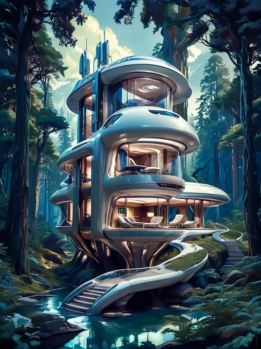 amazing futuristic home sci fi, scene is in forest, beautiful lighting