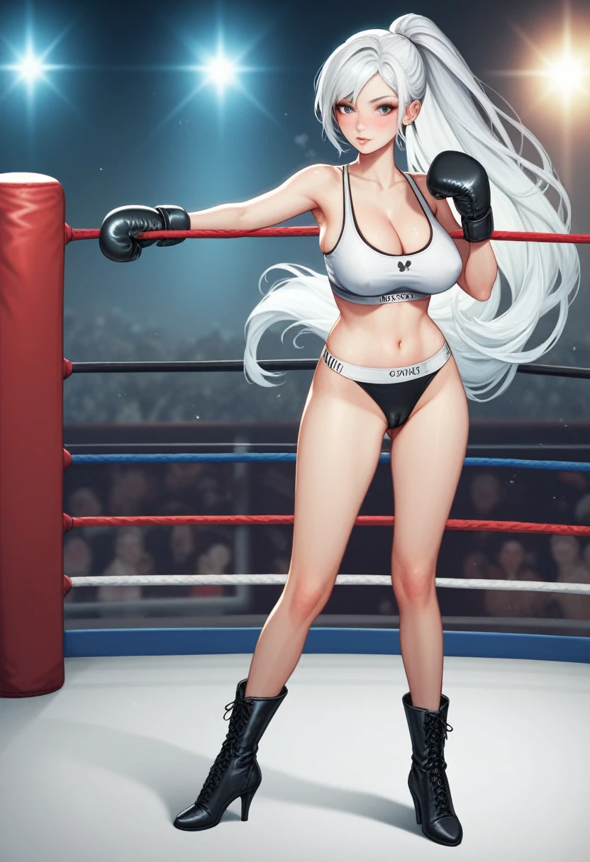 A slim Korean beauty,Good shape,Pretty Face,detailed picture, blush,White long hair,Wearing sexy sports bra,Wearing black suspender stockings,high-heel boots,Wearing black boxing gloves,Standing alone in the boxing ring, doing boxing defense,Large Breasts,Cleavage,Thin legs,nipple,Camel toe