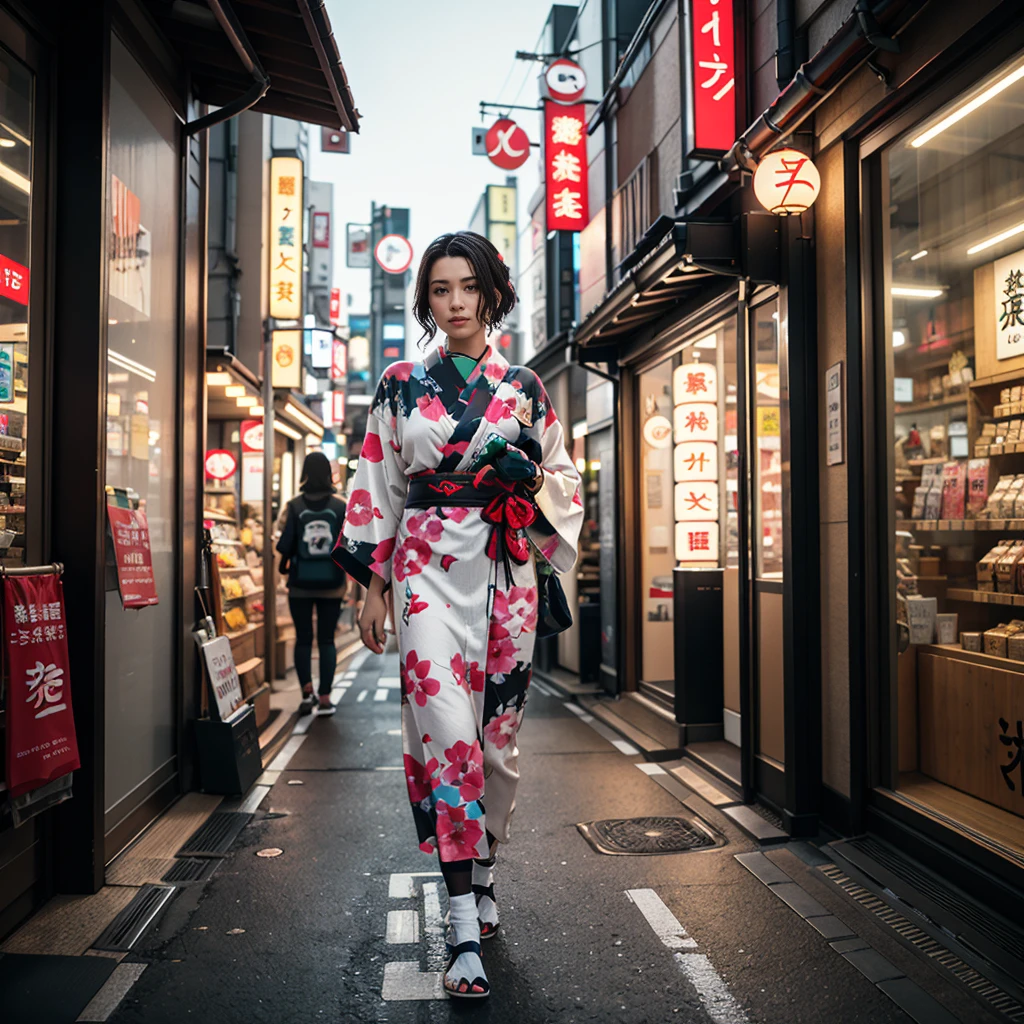 a beautiful young woman in a traditional japanese yukata walking down a street in tokyo, japan with japanese signs and shop fronts, highly detailed, 4k, photorealistic, warm lighting, vibrant colors, beautiful detailed eyes, beautiful detailed lips, extremely detailed face, long eyelashes, cinematic, masterpiece, 4k, ultra realistic, front of the camera, cyberpunk 2077 style