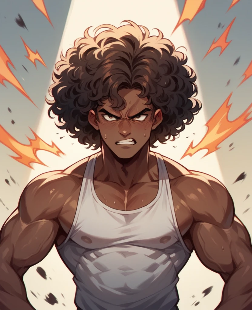 1homem, Short and curly hair, brown skin, muscular, firing