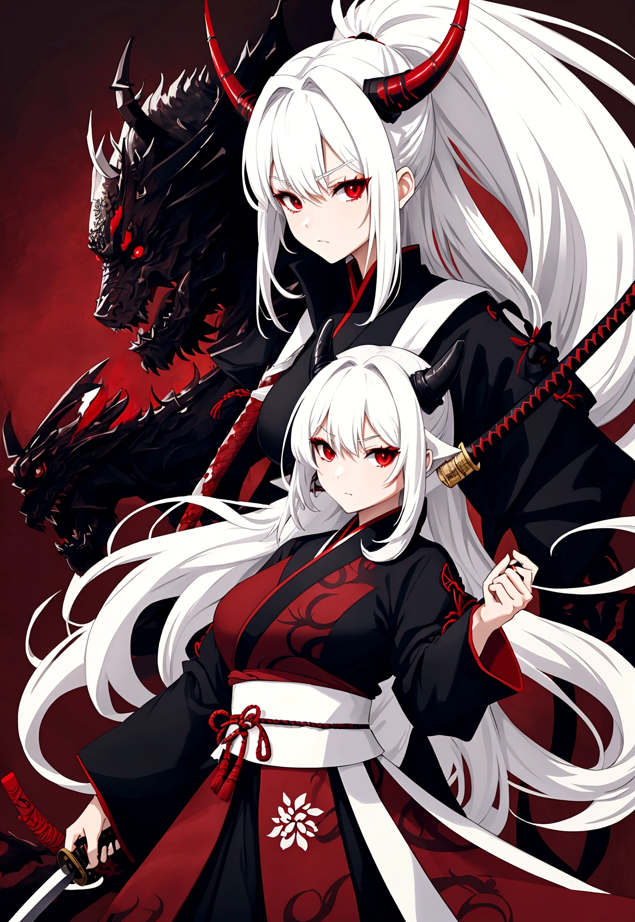 Big breats short white hair red eyes samurai girl without masc using a katana.dark red dragon horns. Black samurai suit