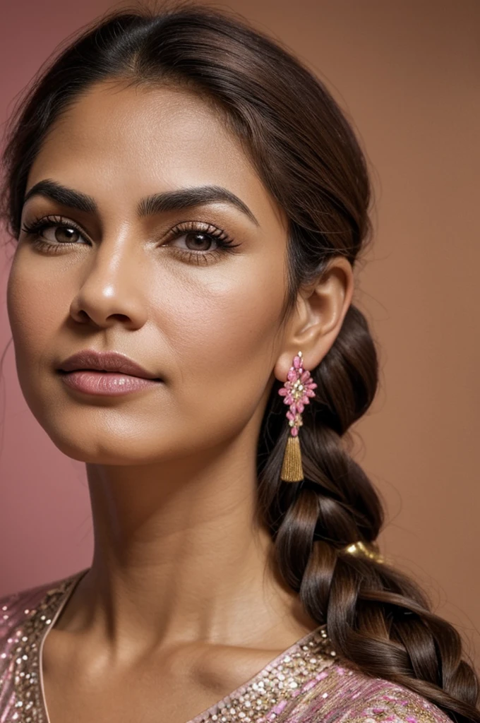 50 year old woman ,round face, Big eyebrows, normal nose, big honey colored eyes, round chin, small cheekbones, medium ears, thin lips, Small front, long dark brown hair,with Cuencan chola braids, light skin color, Small front,with sequin embroidered blouse, pink blouse color