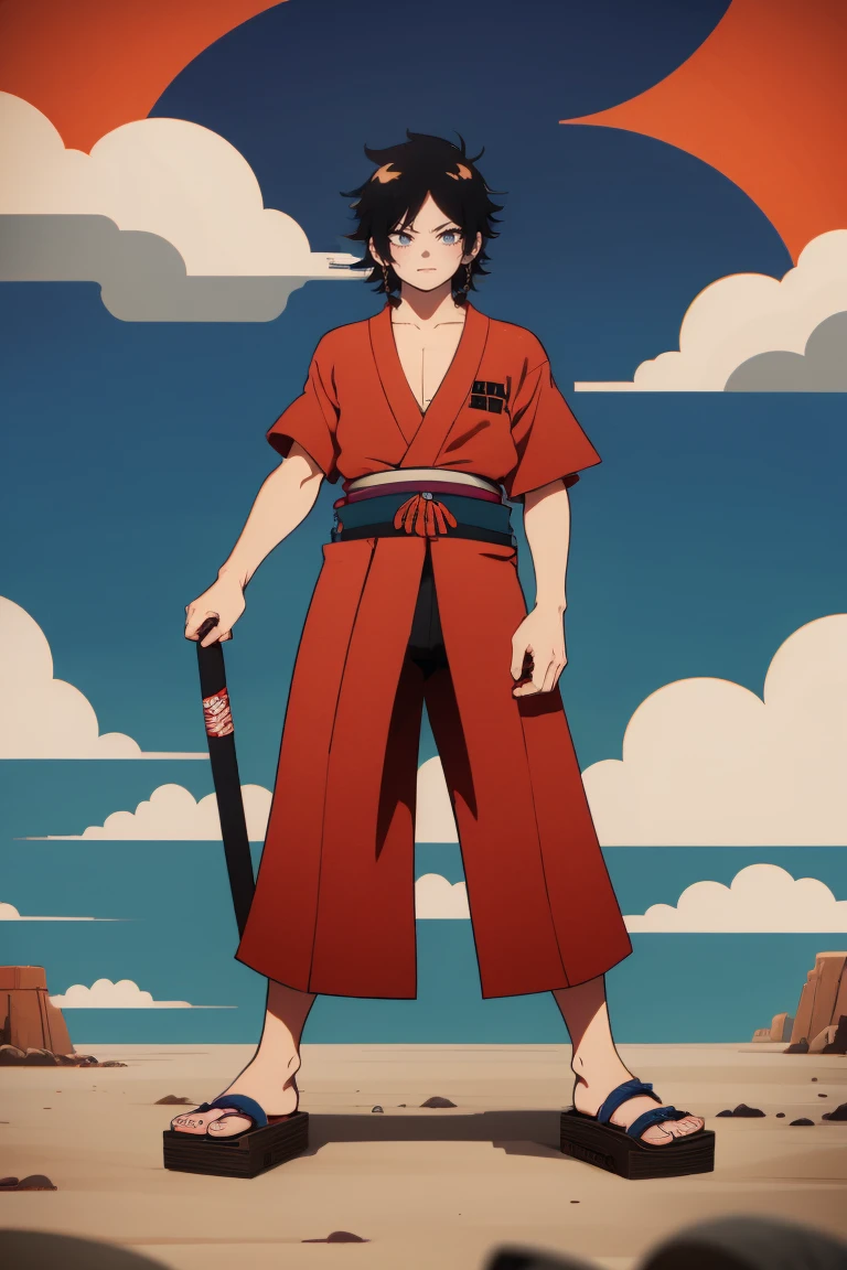 portgas d. Ace version scott_pilgrim_style, preferably a Japanese kimono-type outfit for men, samurai style.
