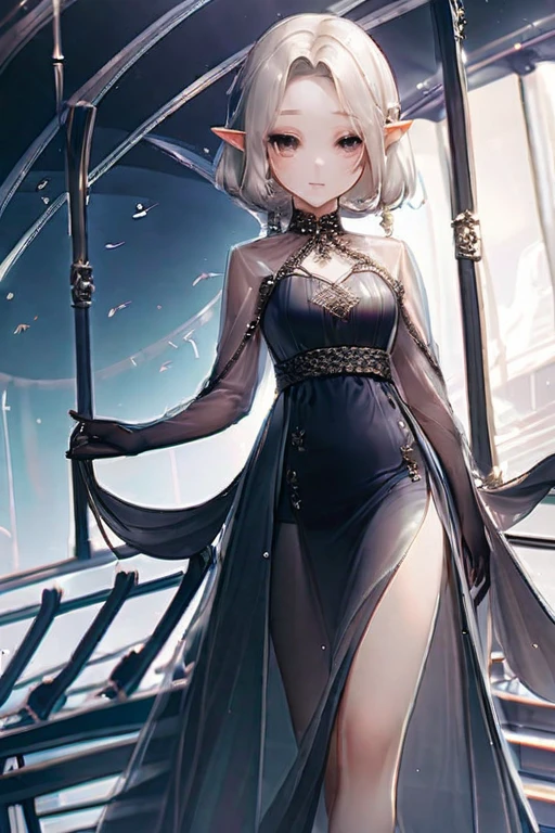((Лучшее качество)), ((шедевр)), (подробный), An elf girl in a transparent dress on a ship